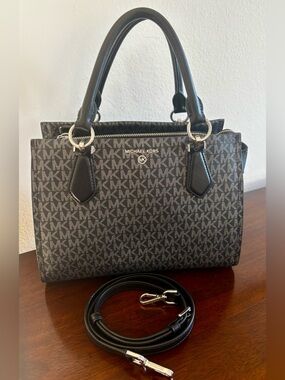 Michael Kors Black and Grey Three Compartment Satchel with Crossbody Strap